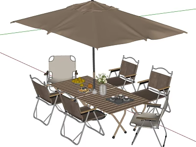 Stylish Outdoor Chairs With Brown Parasol And Striped Table In Outdoor Space 3d model