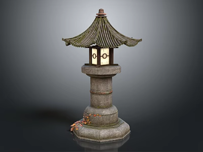 Fallen Leaves Surrounding Traditional Stone Lantern With Pagoda Style Roof And Stone Base 3d model