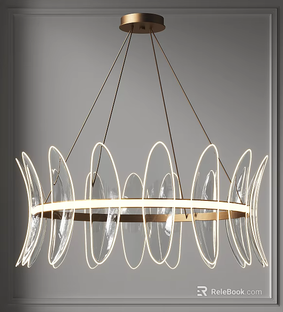 Contemporary Gold Frame Chandelier With Transparent Curved Glass Arcs And Ring Design 3d model 