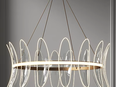 Contemporary Gold Frame Chandelier With Transparent Curved Glass Arcs And Ring Design 3d model