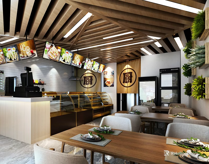Modern Cozy Restaurant Interior With Wooden Ceiling Hanging Menus Counter Tables Chairs And Green Plants 3d model 