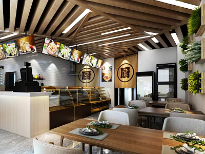 Modern Cozy Restaurant Interior With Wooden Ceiling Hanging Menus Counter Tables Chairs And Green Plants 3d model