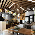 Modern Cozy Restaurant Interior With Wooden Ceiling Hanging Menus Counter Tables Chairs And Green Plants