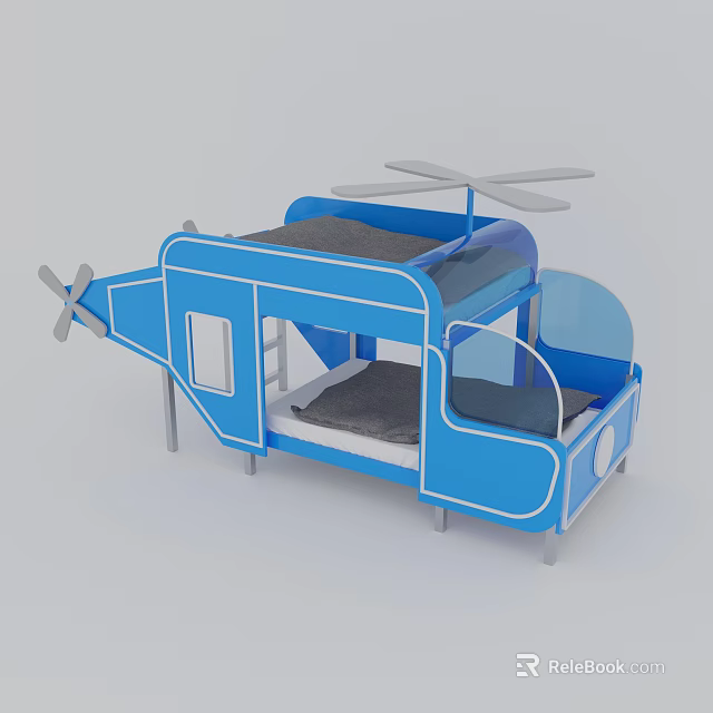 Blue Helicopter Shaped Bunk Bed with Double Deck Ladder and Transparent Windows 3d model 