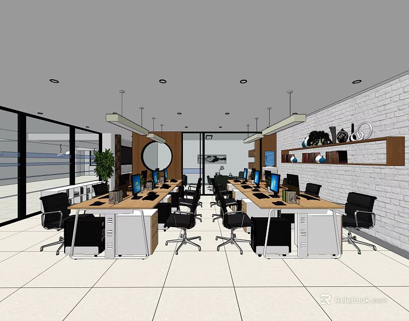 Public Office Space Featuring Modern Desks Ergonomic Chairs Computers And Large Windows 3d model