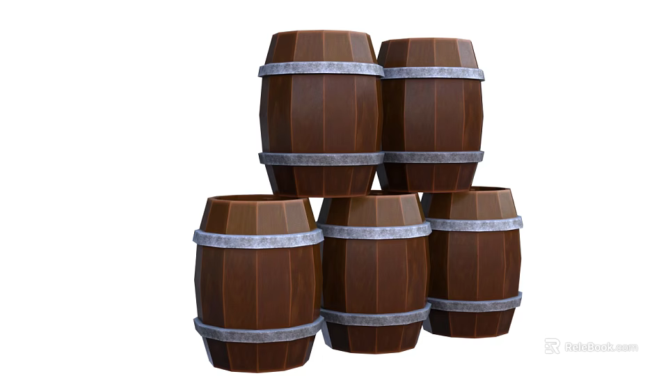 Brown Wooden Barrels With Silver Hoops Decorative Ornament Set For Home Decoration 3d model 