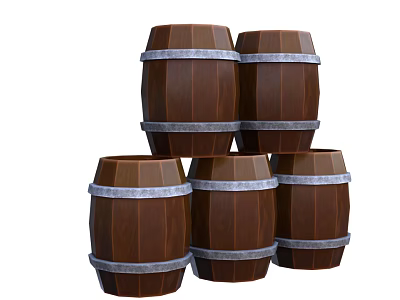 Brown Wooden Barrels With Silver Hoops Decorative Ornament Set For Home Decoration 3d model
