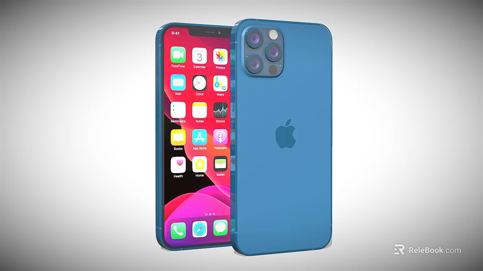 Blue iPhone Smartphone With Front Screen App Icons And Back Apple Logo Camera Design 3d model 