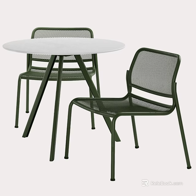 Contemporary Round White Table With Dark Green Metal Mesh Chairs Set 3d model 