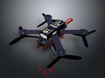 Black Quadcopter Drone With Four Propellers Red Components And Technical Design 3d model