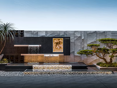 Modern Garden Landscape With Waterfall Feature Stone Slabs Textured Wall Palm And Bonsai Trees Lighting 3d model