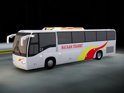 Bataan Transit White Bus With Red Yellow Stripes On Road At Night 3d model