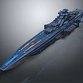 Detailed Sci-Fi Battleship With Blue Hull Orange Stripes And Weapon Turrets