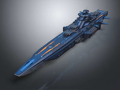 Detailed Sci-Fi Battleship With Blue Hull Orange Stripes And Weapon Turrets 3d model