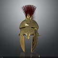 Ancient Warrior Helmet With Red Bird Plume And Golden Engraved Patterns