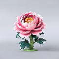 Artistic Pink Peony Sculpture With Detailed Carving Green Stem And Leaves