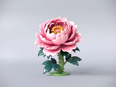 Artistic Pink Peony Sculpture With Detailed Carving Green Stem And Leaves 3d model
