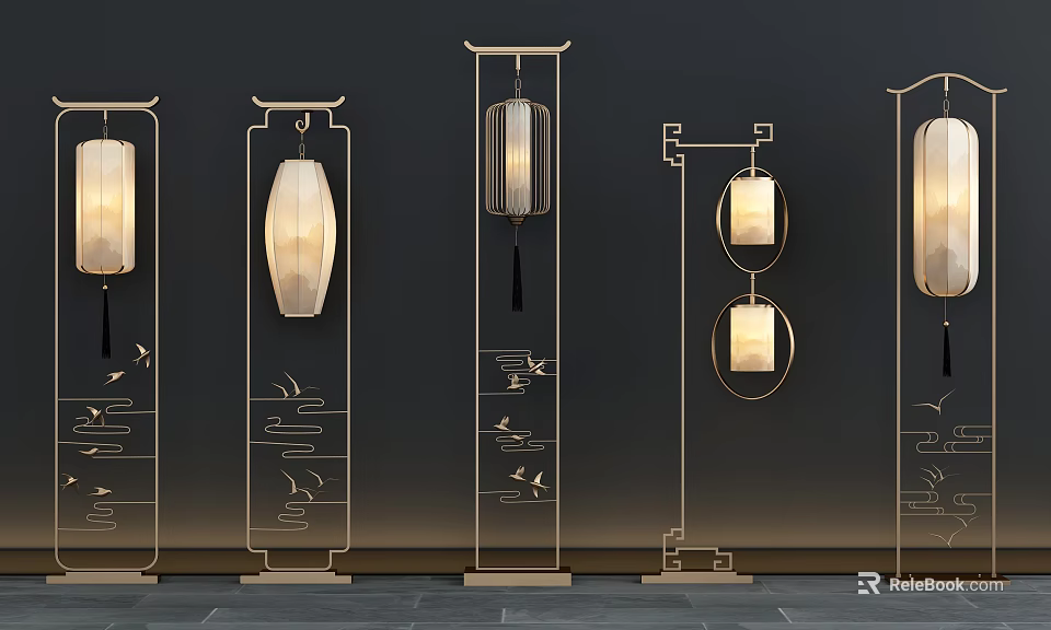 Chinese Style Floor Lamps With Gold Frame Lantern Shade And Traditional Patterns For Home Decor 3d model 