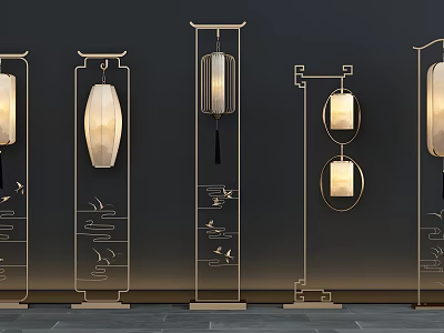 Chinese Style Floor Lamps With Gold Frame Lantern Shade And Traditional Patterns For Home Decor 3d model