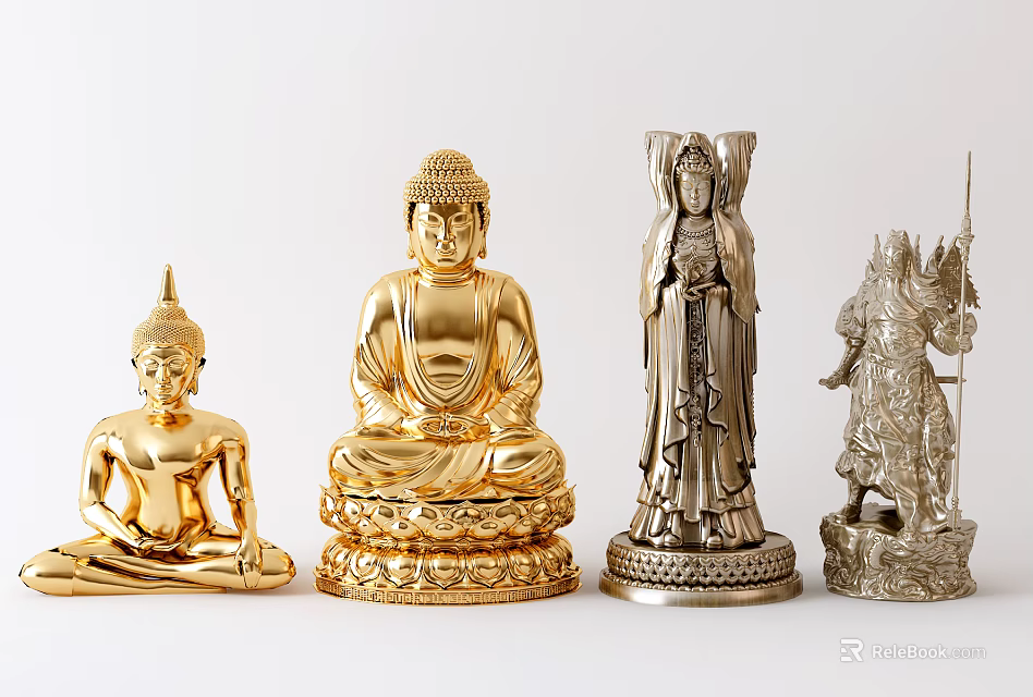 Traditional Carved Buddha And Deity Sculptures In Golden Silver Finish 3d model 