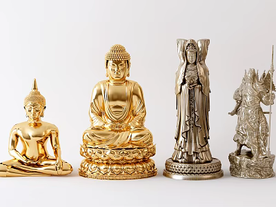 Traditional Carved Buddha And Deity Sculptures In Golden Silver Finish 3d model