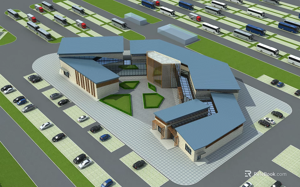 Aerial View Planning Modern Building Complex With Blue Roofs Central Green Space And Parking Lots 3d model 