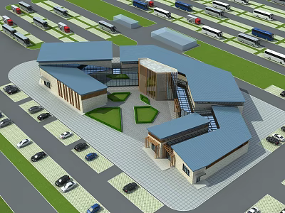 Aerial View Planning Modern Building Complex With Blue Roofs Central Green Space And Parking Lots 3d model