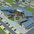 Aerial View Planning Modern Building Complex With Blue Roofs Central Green Space And Parking Lots