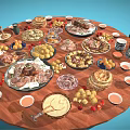 Assorted Delicious Foods on Round Wooden Table with Meats Fruits Pastries Sauces and Golden Teapot