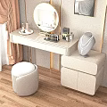 Modern Dressing Table with Round Mirror Cosmetics Necklace Stool and Drawer Cabinet