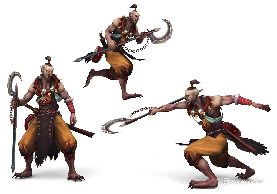 Game Movie Character In Dynamic Poses Holding Curved Weapon With Yellow Pants And Headgear 3d model 