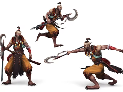 Game Movie Character In Dynamic Poses Holding Curved Weapon With Yellow Pants And Headgear 3d model