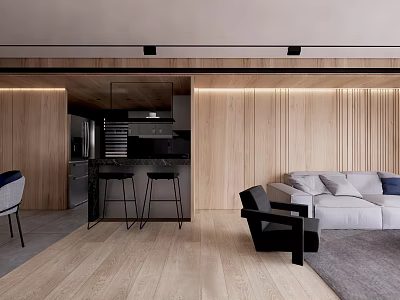 Modern Living and Dining Room Interior With Wooden Walls Open Layout Sofa And Bar Stools 3d model