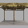 Traditional Thatch Roof Pavilion Structure With Wooden Support Pillars And Concrete Platform Base