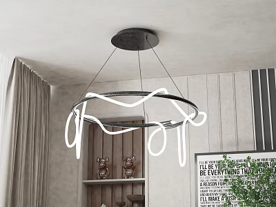 Modern Ring Chandelier In Interior Space With Vertical Striped Wall And Decorative Shelf 3d model