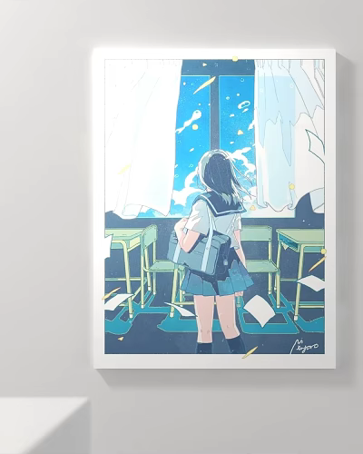 Schoolgirl In Uniform Standing By Window In Classroom With Blue Sky Clouds Scattered Papers 3d model