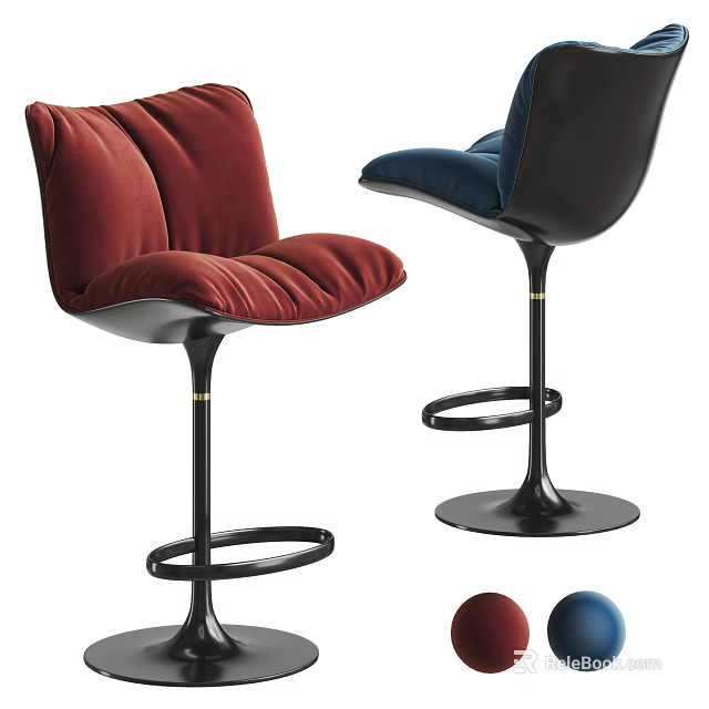 Modern Velvet Bar Stools With Red Blue Seats And Black Metal Round Base 3d model 