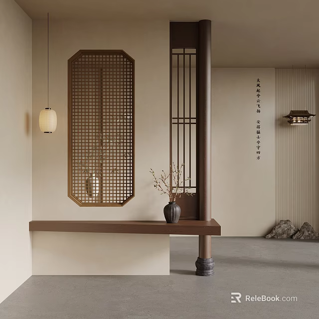 New Chinese Style Entryway Interior With Lattice Screen Pendant Light Bench And Stone Accents 3d model 