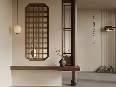 New Chinese Style Entryway Interior With Lattice Screen Pendant Light Bench And Stone Accents 3d model