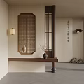 New Chinese Style Entryway Interior With Lattice Screen Pendant Light Bench And Stone Accents