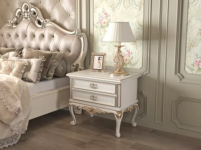 Elegant Classic Nightstand With Gold Accents Lamp And Photo Frame In Floral Wallpaper Bedroom 3d model