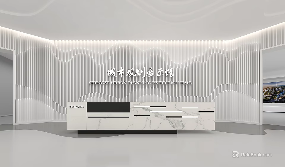Modern Urban Planning Exhibition Hall Reception Desk With Marble Countertop And Wavy Background Wall Lighting 3d model 
