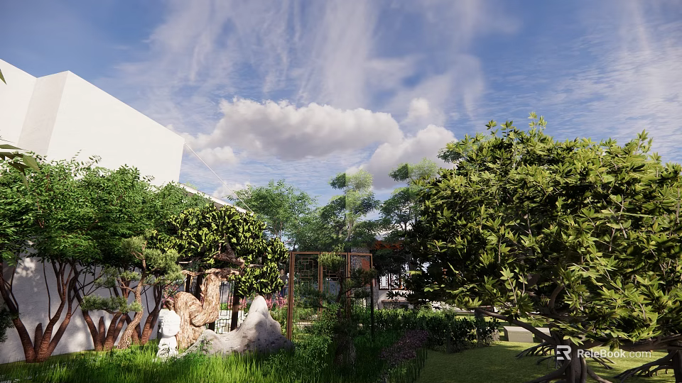 Lush Green Garden Landscape With White Building And Trees Under Blue Sky With Clouds 3d model 
