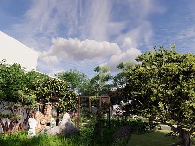 Lush Green Garden Landscape With White Building And Trees Under Blue Sky With Clouds 3d model