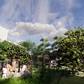 Lush Green Garden Landscape With White Building And Trees Under Blue Sky With Clouds