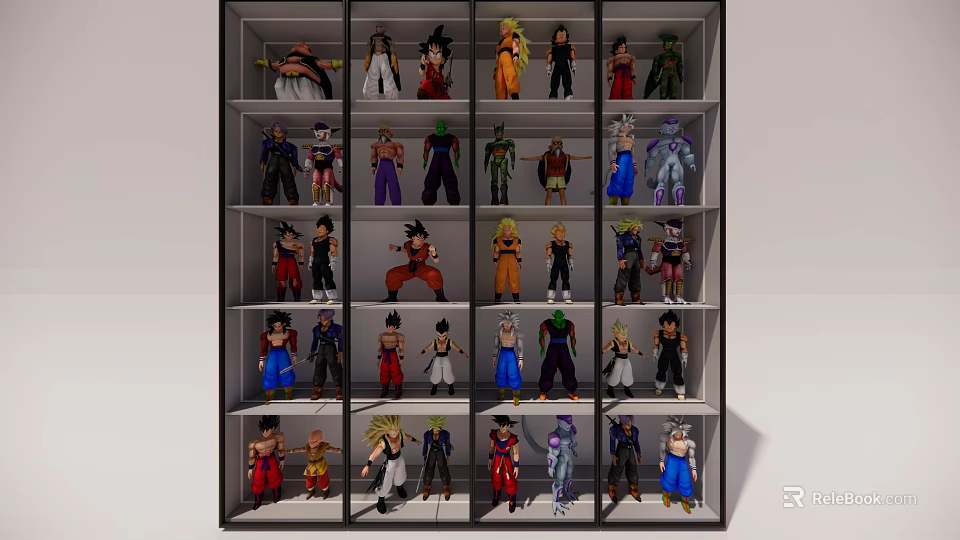 Colorful Anime Character Dolls Arranged Neatly On Multi Layer Display Shelf 3d model