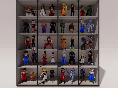 Colorful Anime Character Dolls Arranged Neatly On Multi Layer Display Shelf 3d model