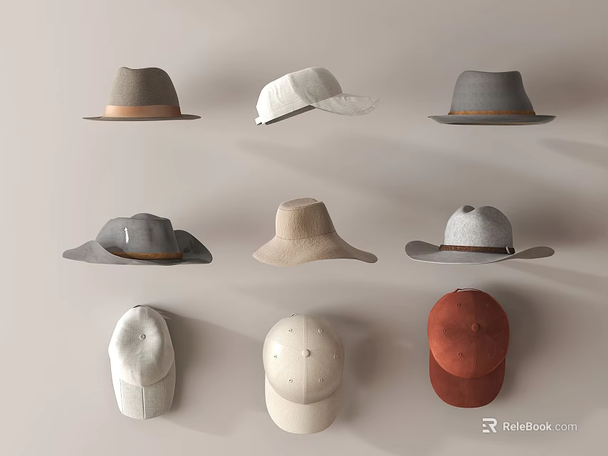 Trendy Hats Collection Featuring Different Styles Including Wide Brimmed And Baseball Caps With Various Colors 3d model 