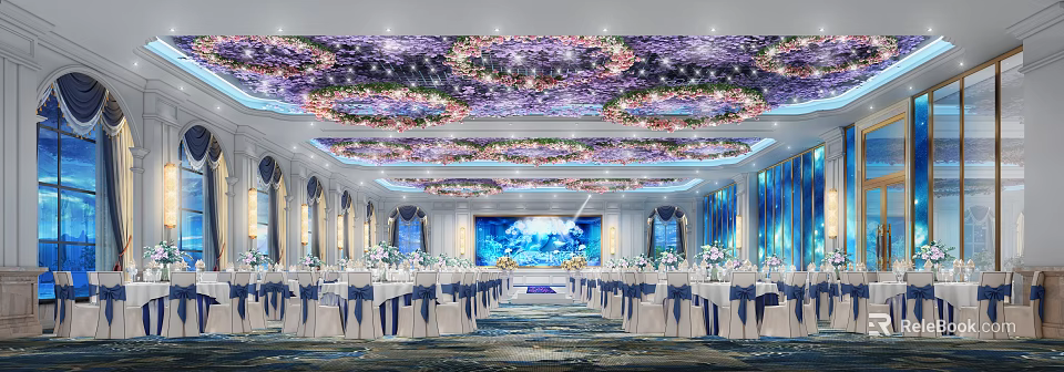 Elegant Banquet Hall Interior With Floral Ceiling Decor Round Tables And Stage Lighting 3d model 
