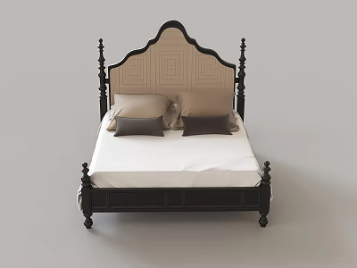 Double Bed With Dark Wooden Headboard Upholstered Geometric Pattern And Light Dark Pillows 3d model